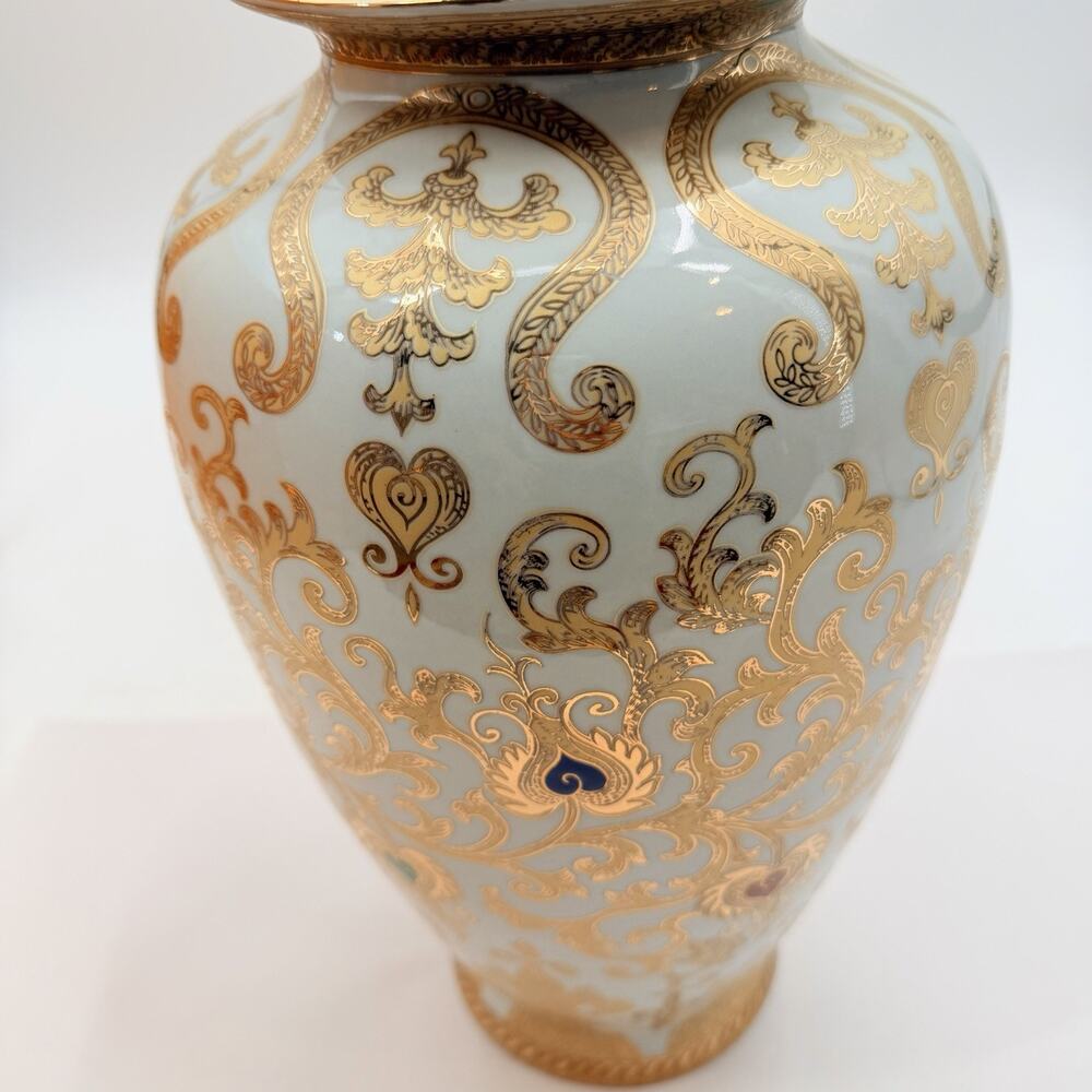 Arabesque White with Enameled Gold Flowers & Scrolls Ceramic Vase 14.5" Tall - Picture 2 of 10